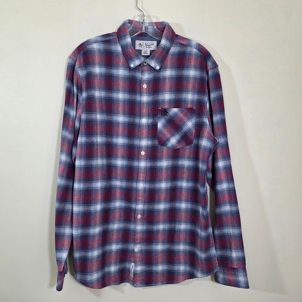 Original Penguin Mens Shirt Plaid Flannel Long Sleeve Button Down Casual Size L